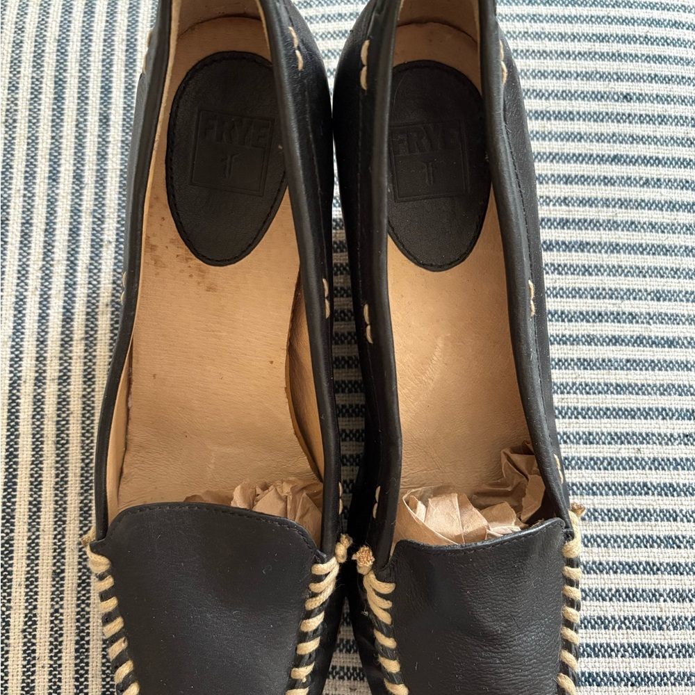 Frye Navy Leather Moccasins with Cream Stitching